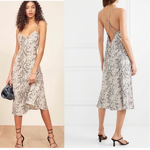 Reformation Kat Midi Snakeskin Printed V-neck Slip Dress Size 6 Women's - Picture 1 of 11